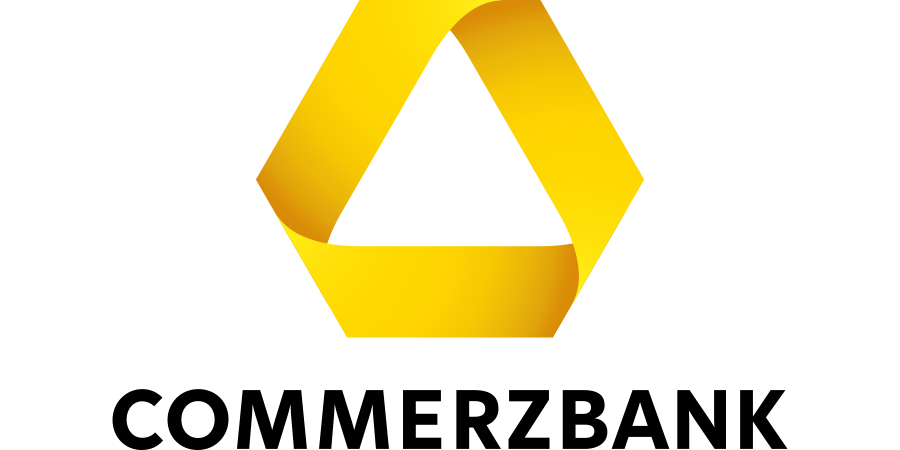 Logo der Commerzbank mit gelbem, geschwungenem Design und Schriftzug.