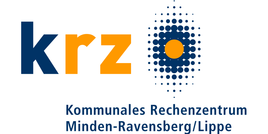 Logo des Kommunalen Rechenzentrums Minden-Ravensberg/Lippe mit blauen und orangefarbenen Elementen.