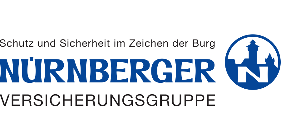 Logo der Nürnberger Versicherungsgruppe mit dem Slogan 'Schutz und Sicherheit im Zeichen der Burg'.