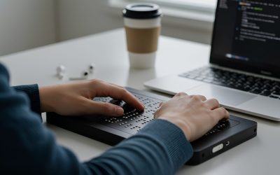 Person Coding with Braille Keyboard and Laptop, Coffee Cup, and Earbuds A person uses a Braille keyboard to code on a laptop. A coffee cup and earbuds sit on the white desk. The focus is on the hands and keyboard.