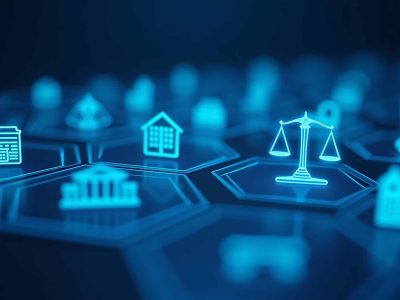 Scales of justice sit among digital property icons