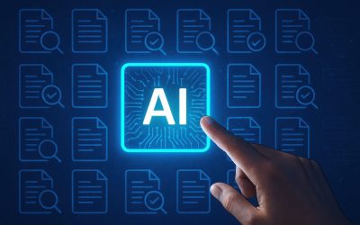 Human finger touching a glowing ai button surrounded by digital documents and data icons on a dark blue background Human finger touching a glowing ai button surrounded by digital documents and data icons on a dark blue background