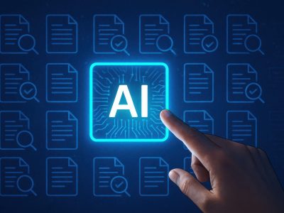 Human finger touching a glowing ai button surrounded by digital documents and data icons on a dark blue background