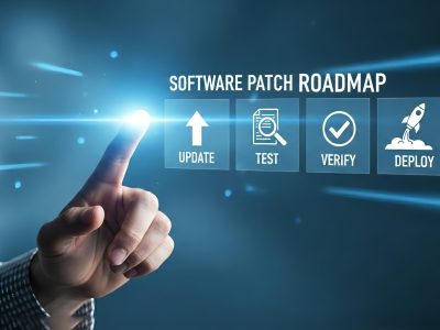 A finger touches a software patch roadmap with update test verify and deploy icons