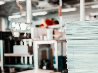 Gestapelte Druckpapiere in einer Produktionsumgebung mit einem Arbeiter im Hintergrund.